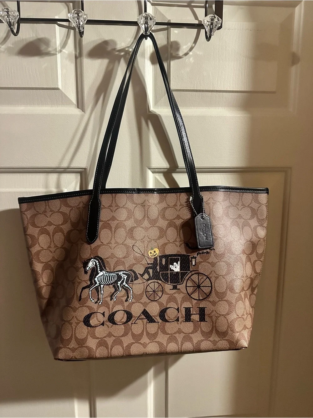 Coach Halloween Skeleton Horse Carriage Signature Canvas Large Tote Bag